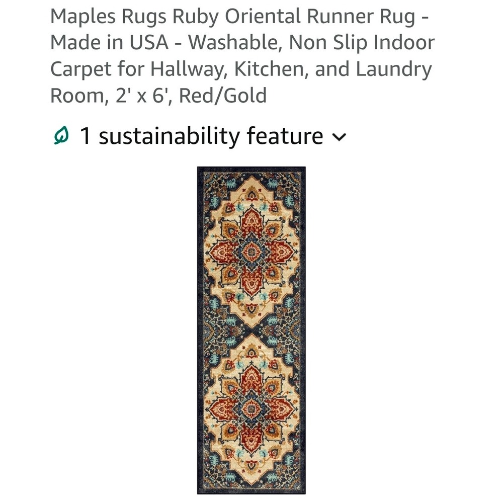 Maples Rugs Ruby Oriental Runner 2x6 Red Gold Washable Non Slip Hallway Carpet
